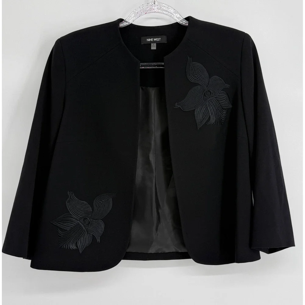 Nine West Womens Black Floral Applique Open Front Collarless Blazer Jacket‎ Sz 8